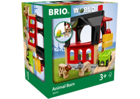 Colorful BRIO Animal Barn set featuring a spacious interior, wagon, hay loading function, and two adorable animals for imaginative play.