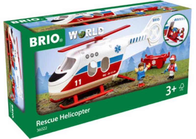 Colorful BRIO Rescue Helicopter set with spinning rotors, opening doors, pilot and patient figures, and stretcher for imaginative play.