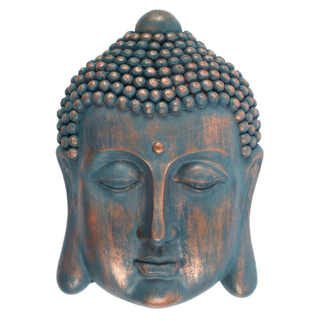 Blue Buddha Head Plaque in resin with blue and copper accents, measuring 28x19 cm, perfect for serene indoor decoration.