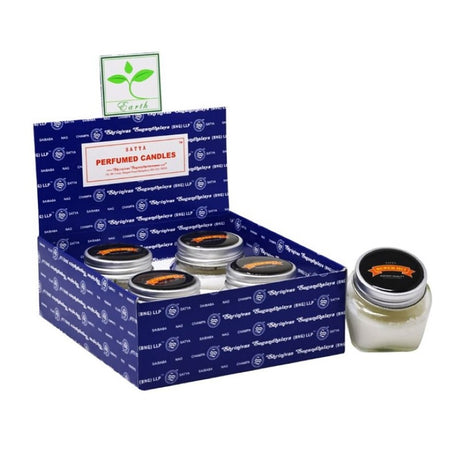 Set of 4 Satya Super Hit jar candles in a display box, offering 10 hours of rich, calming aromas for a serene ambiance.