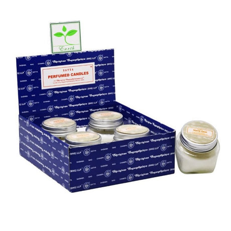 Set of 4 Satya White Sage jar candles, each 30g, promoting relaxation with a soothing aroma for meditation and calming ambiance.