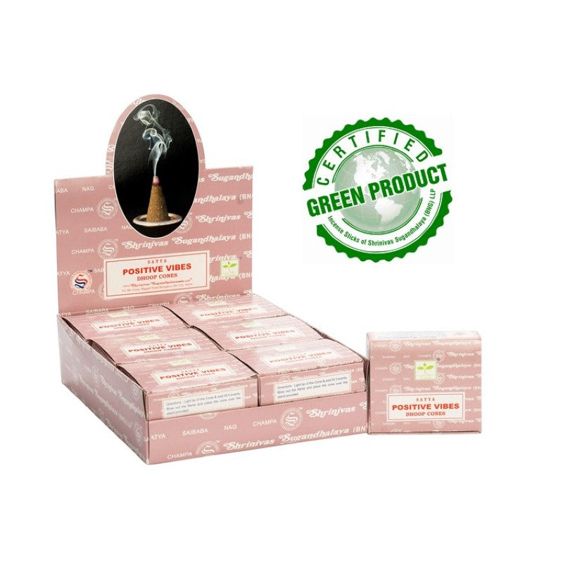 A set of 12 Satya Positive Vibes Dhoop Cones for uplifting ambiance and tranquility, perfect for meditation and relaxation.