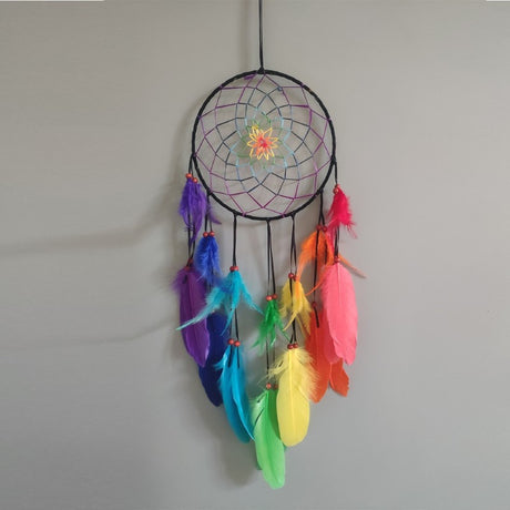 Colorful Chakra Dreamcatcher with 7 small hoops and feathers, designed to enhance positivity and beauty in your space.