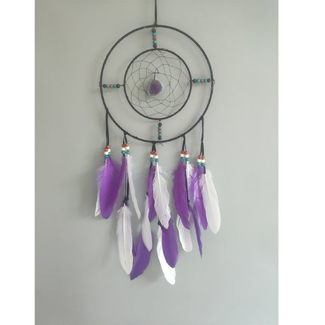Elegant purple agate dreamcatcher with double hoops, featuring feathers and beads for calming home decor, 25 cm height.