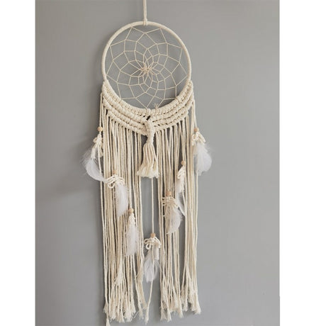 Cream macrame dreamcatcher, 20 cm, woven with intricate knots, perfect for promoting sweet dreams and enhancing decor.