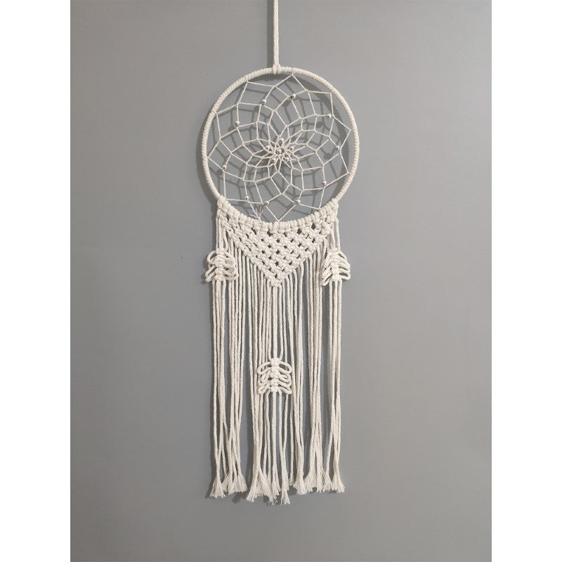 White Macrame Dreamcatcher 20cm, handcrafted with intricate weaving, perfect for serene home decor and enhancing any space.