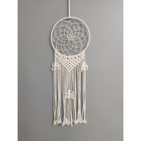 White Macrame Dreamcatcher 20cm, handcrafted with intricate weaving, perfect for serene home decor and enhancing any space.