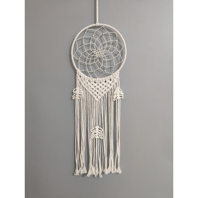 White Macrame Dreamcatcher 20cm, handcrafted with intricate weaving, perfect for serene home decor and enhancing any space.