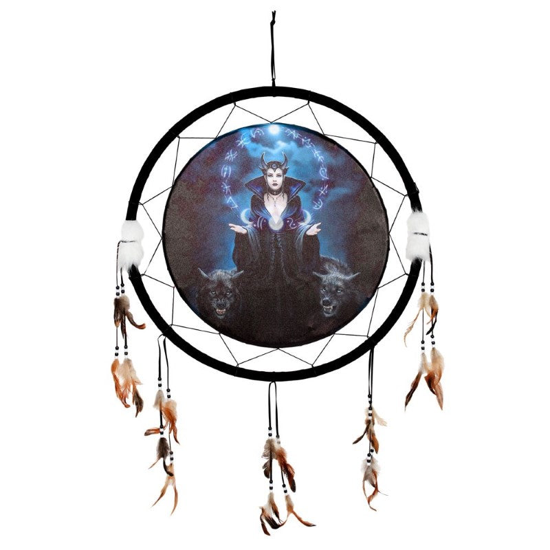 Large round dreamcatcher by Anne Stokes featuring 'Moon Witch' art and ethereal wolves, adorned with beads and feathers.