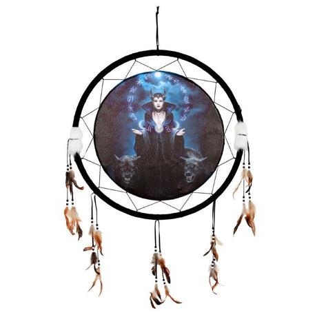 Large round dreamcatcher by Anne Stokes featuring 'Moon Witch' art and ethereal wolves, adorned with beads and feathers.