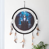 Dreamcatcher featuring Anne Stokes' 'Moon Witch' artwork with wolves, adorned with beads and feathers, 62cm round.