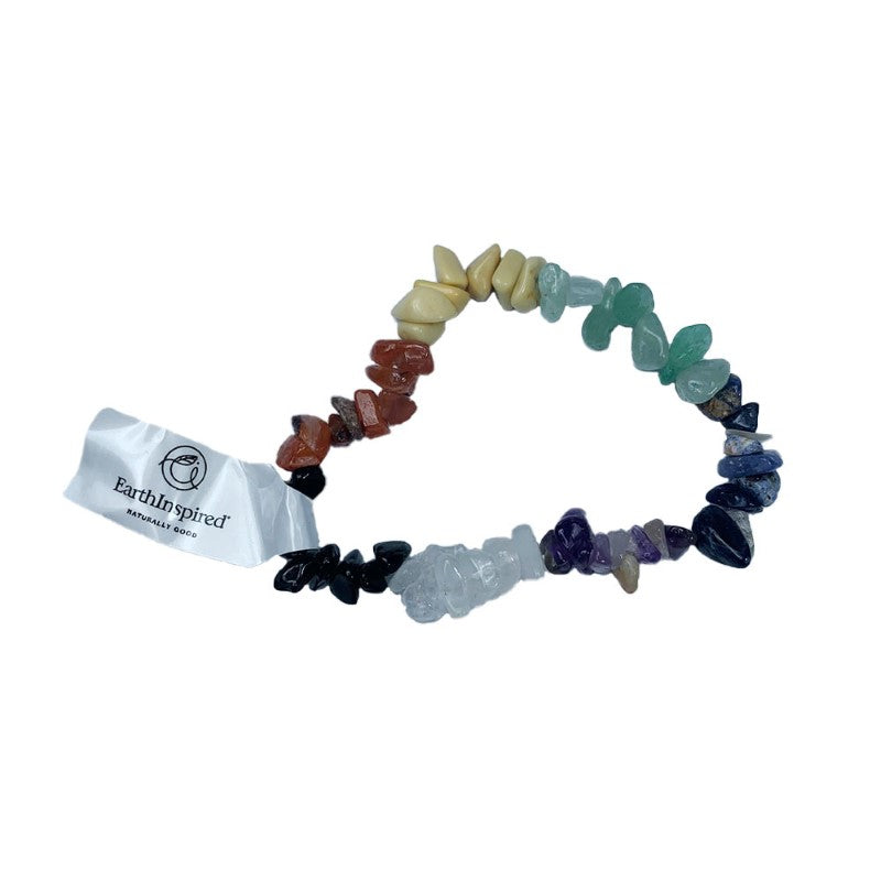 Colorful Chakra chip bracelets in a retail-ready box, featuring natural gemstones for balance and energy cleansing.