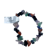 Colorful set of 25 mixed gemstone chip bracelets in a retail box, showcasing unique shapes and healing properties.