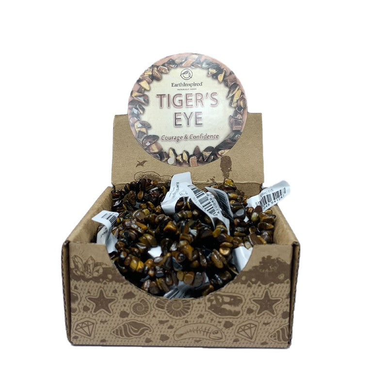 Tigers Eye chip bracelets in a retail box of 25, promoting courage and confidence with unique golden-brown patterns.