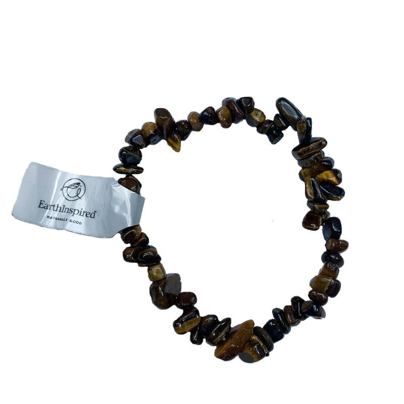 Retail display box containing 25 unique Tigers Eye chip bracelets, promoting courage and confidence with stunning golden-brown hues.