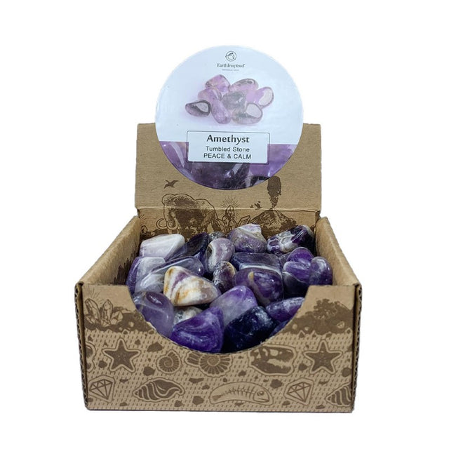 Amethyst Tumbled Stone Box featuring 0.5kg of premium, uniquely shaped tumbled crystals in a retail-ready display.