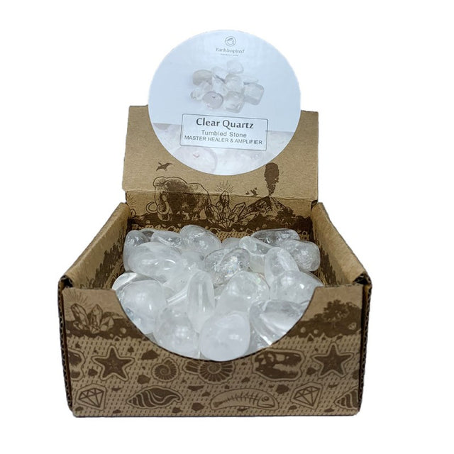 Clear Quartz Tumbled Stone Box with 20-30mm crystals, ideal for healing and energy work, beautifully packaged for display.