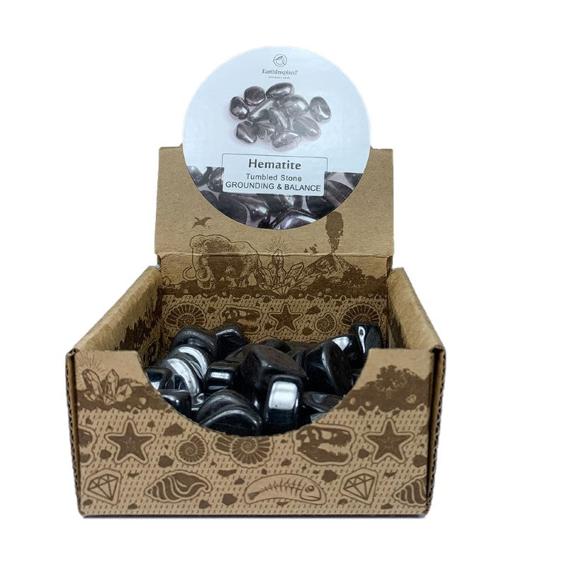 Hematite Tumbled Stone Box featuring 0.5kg of uniquely shaped stones for grounding, balance, and crystal healing.