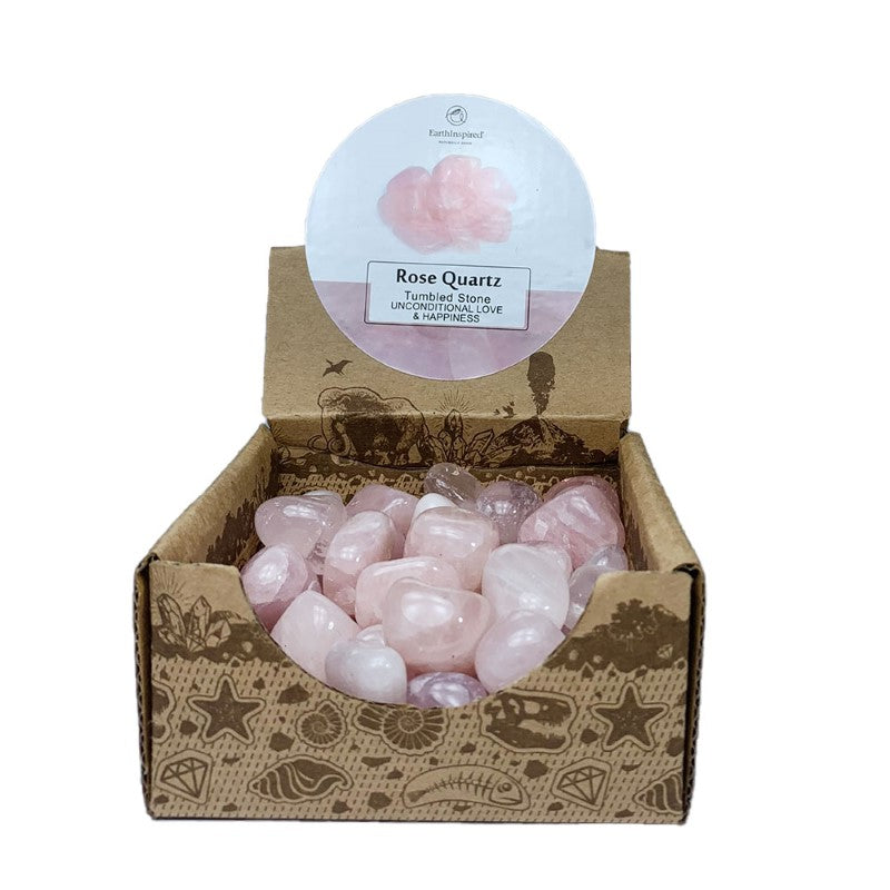 Hand-selected Rose Quartz tumbled stones in a retail box, promoting love and healing, each 20-30mm. Perfect for decor or gifts.