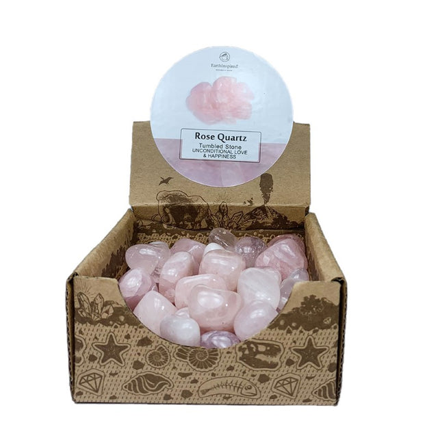 Hand-selected Rose Quartz tumbled stones in a retail box, promoting love and healing, each 20-30mm. Perfect for decor or gifts.