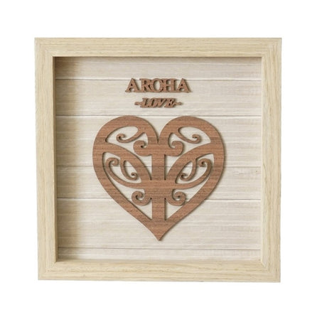 Aroha Wooden Plaque featuring the word 'Aroha' and Koru motif, symbolizing love and new beginnings, suitable for display or hanging.