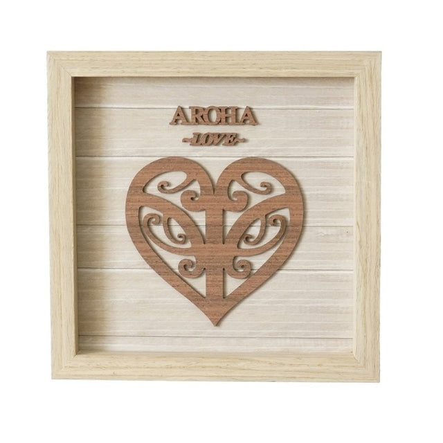 Aroha Wooden Plaque featuring the word 'Aroha' and Koru motif, symbolizing love and new beginnings, suitable for display or hanging.