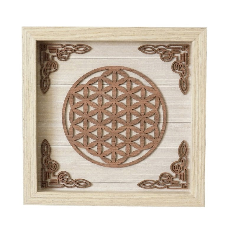 Flower of Life Wooden Plaque in high-quality wood, featuring intricate symmetrical designs that symbolize unity and harmony.