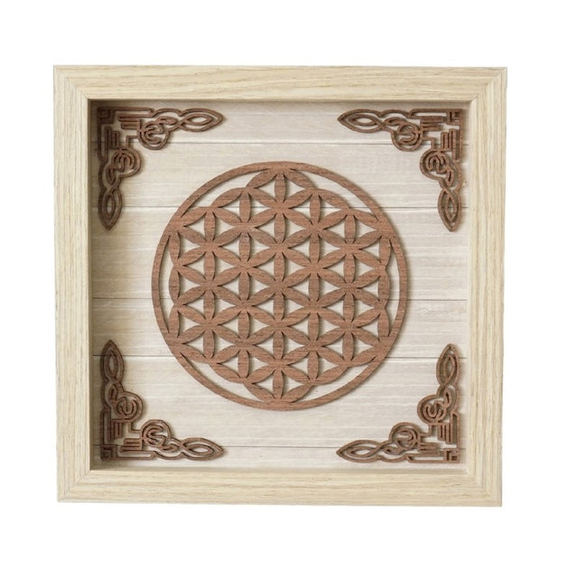 Flower of Life Wooden Plaque in high-quality wood, featuring intricate symmetrical designs that symbolize unity and harmony.
