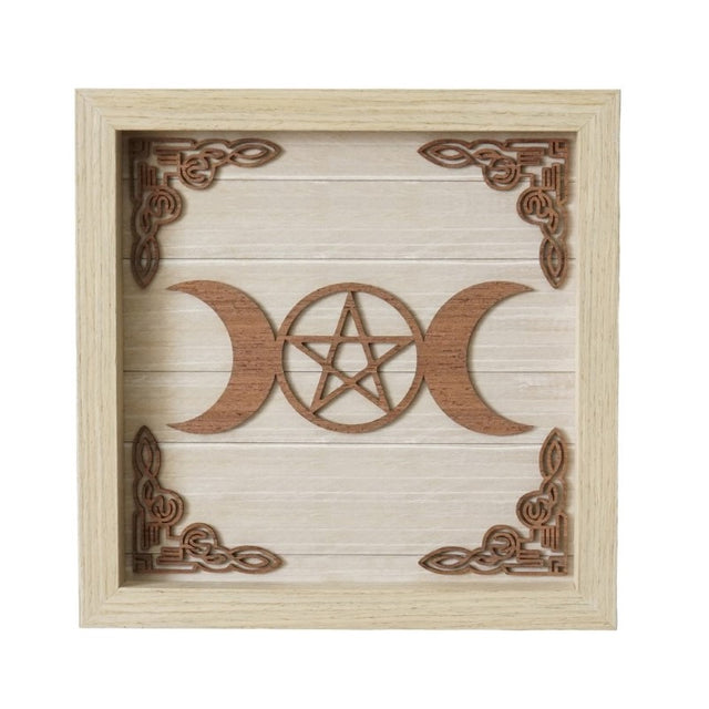 Intricate Triple Moon Wooden Plaque showcasing Maiden, Mother, and Crone, ideal for spiritual and witchcraft decor.