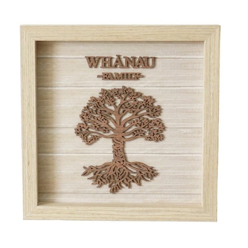 Whanau Wooden Plaque: 20cm natural wood decor symbolizing family unity, perfect for standing or wall-hanging.