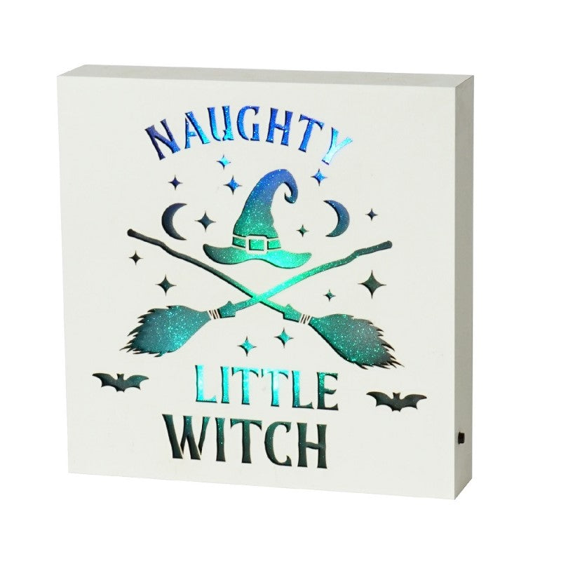 Naughty Witch Colour Changing LED Plaque with vibrant lights; perfect for enchanting décor in any room.
