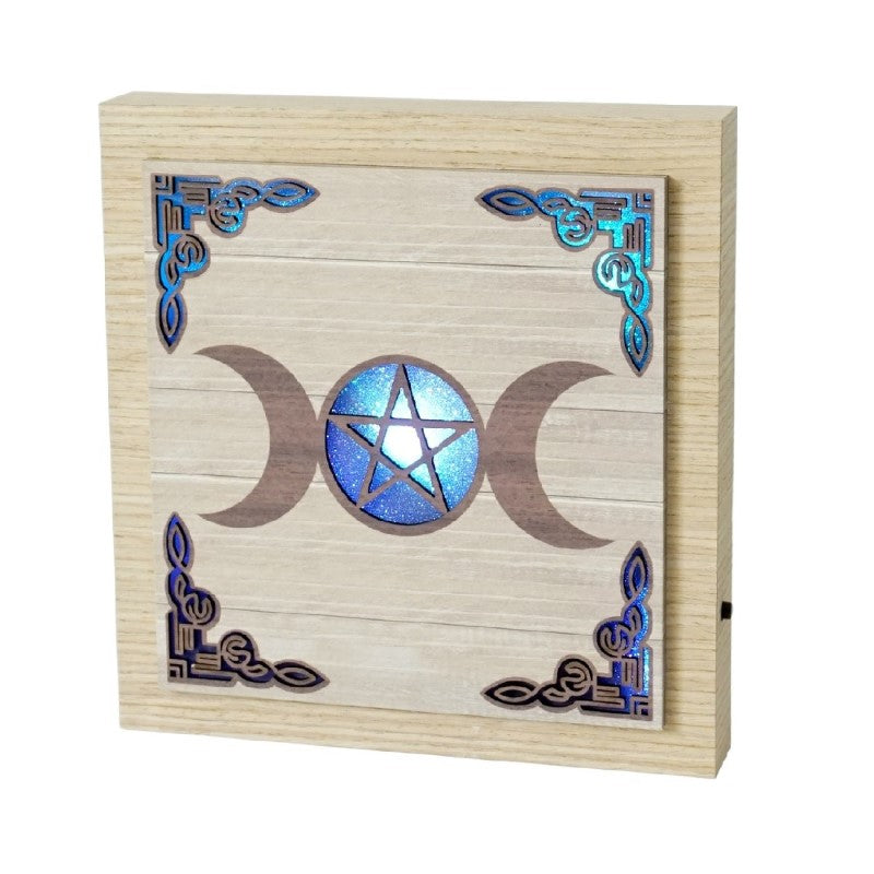 Triple Moon Colour Changing LED Plaque featuring a triple goddess design, enhances decor with vibrant, mystical LED lighting.