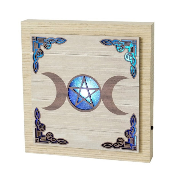 Triple Moon Colour Changing LED Plaque featuring a triple goddess design, enhances decor with vibrant, mystical LED lighting.