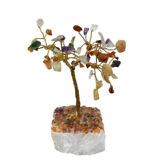 Multi Tree Stone Base with colorful gem chips on a white jade base, symbolizing harmony and enhancing home decor.