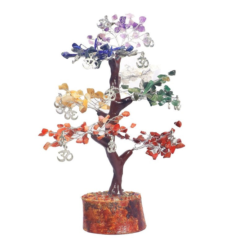 Seven Chakra OM Crystal Tree on neem base, featuring 300 gemstone chips representing energy and chakra harmony.