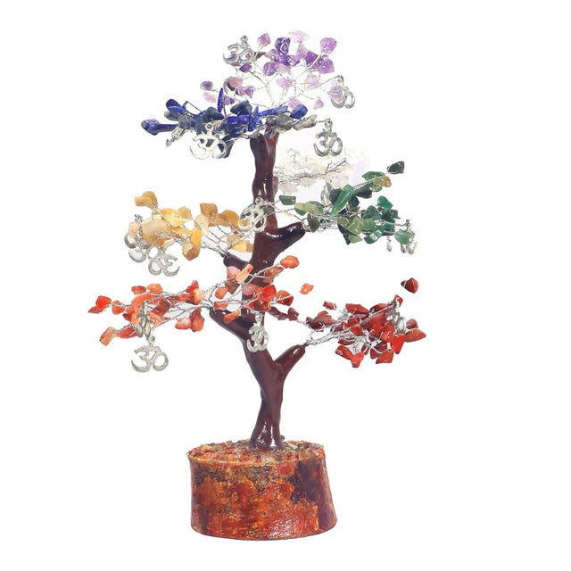 Seven Chakra OM Crystal Tree on neem base, featuring 300 gemstone chips representing energy and chakra harmony.
