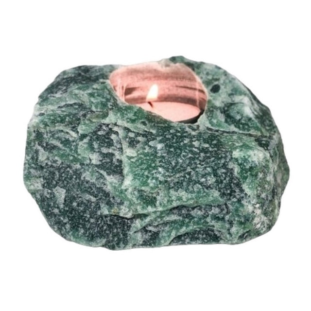 Green Aventurine Tealight Holder with natural variations, perfect for calming ambiance and functional home decor.