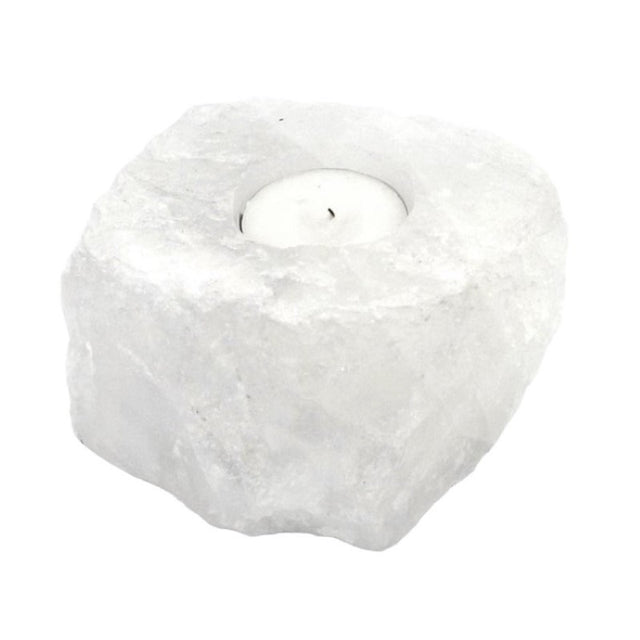 Clear Quartz Tealight Holder showcasing natural elegance, promotes tranquility, and holds one standard tealight candle securely.