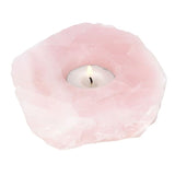 Rose Quartz Tealight Holder showcasing natural pink hues, promotes tranquility, ideal for meditation, fits one tealight, unique design.
