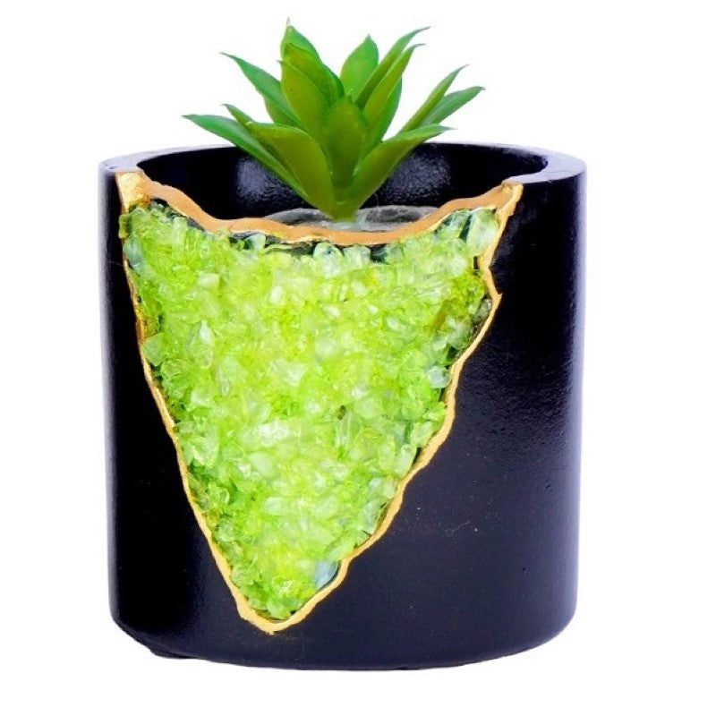 "4-inch Peridot Crystal Planter with vibrant green hue, promoting plant growth and health, enhances indoor garden decor."