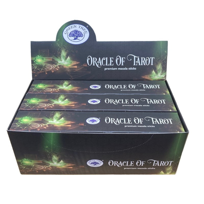 Set of 12 Green Tree Oracle of Tarot incense packs, each with 15g of unique fragrances for meditation and relaxation.