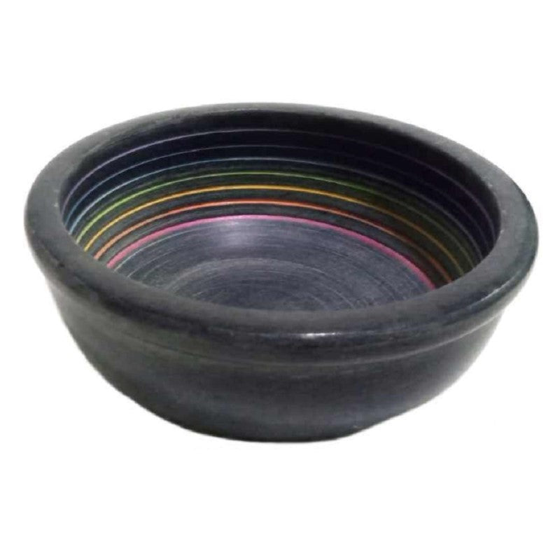 Handcrafted Chakra Soapstone Bowl in soothing colors, ideal for storing crystals or smudging rituals, measuring W:15.2 x H:6 cm.