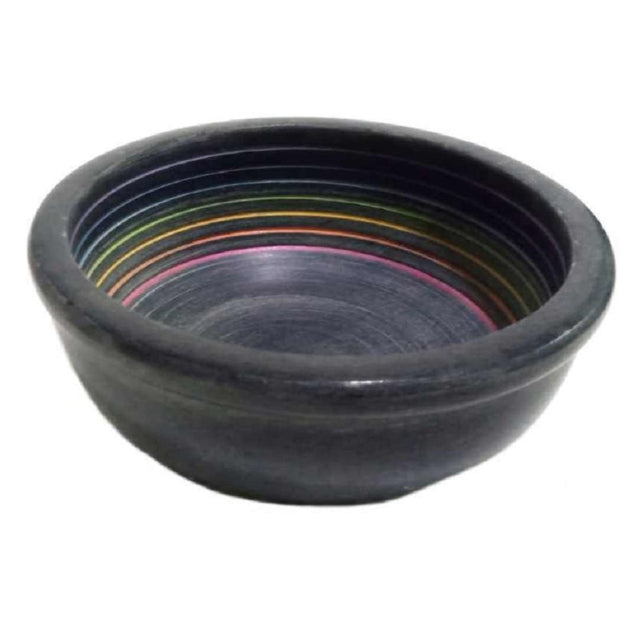Handcrafted Chakra Soapstone Bowl in soothing colors, ideal for storing crystals or smudging rituals, measuring W:15.2 x H:6 cm.