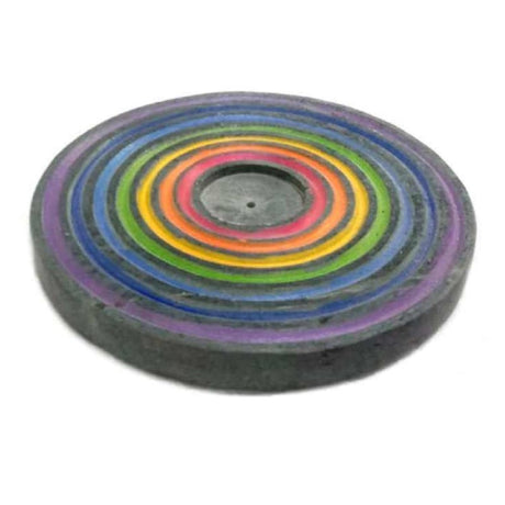 Charka Soapstone Round Incense Holder with colorful chakra design, ideal for meditation and aromatherapy, handcrafted in India.