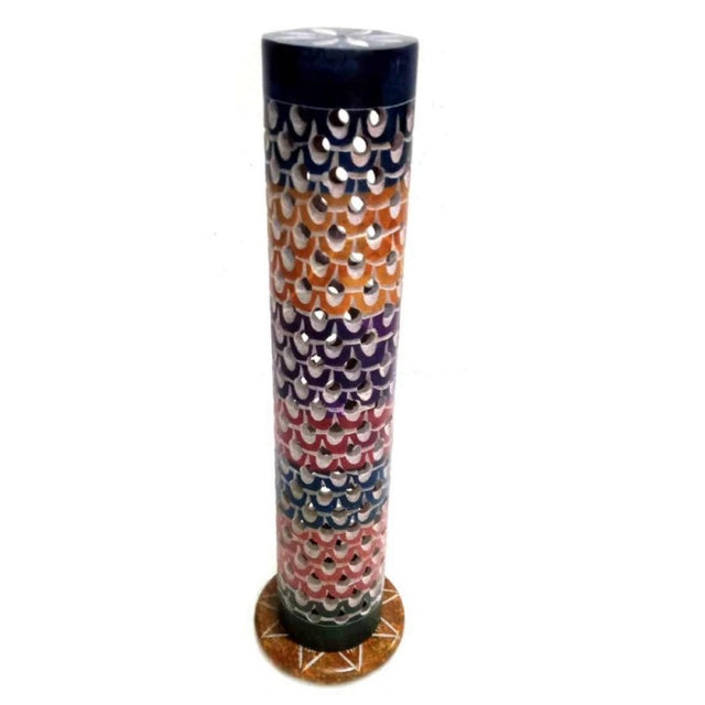 Handcrafted 10.5-inch Jali Multi Colour Soapstone Incense Tower with vibrant carvings, perfect for incense sticks and cones.