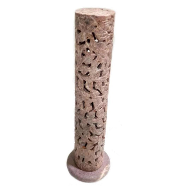 "Elegant 10.5-inch Elephant Soapstone Incense Tower, handcrafted in India with intricate designs for a tranquil ambiance."