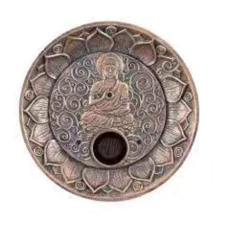 Intricately designed Buddha incense holder in antique copper finish, ideal for enhancing meditation and relaxation spaces.