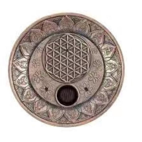 Flower Of Life incense and cone holder with antique copper finish, featuring intricate design for a tranquil atmosphere.