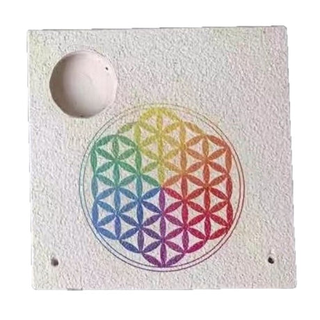 Intricate Flower of Life design incense and tealight candle holder in stone finish, perfect for meditation and decor.