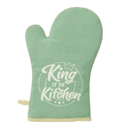 King of the Kitchen Oven Glove featuring a humorous design, durable polyester exterior, and cotton lining for comfortable cooking.